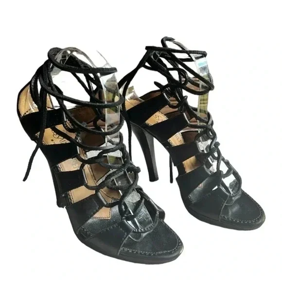 Yves Saint Laurent Black Leather Moorland Lace Up Gladiator Heels - Picture 1 of 14